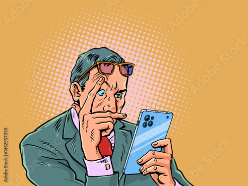 Pop Art Retro A man in a suit reads his phone in surprise. Sudden variables affecting business. An analyst tries to build a plan.