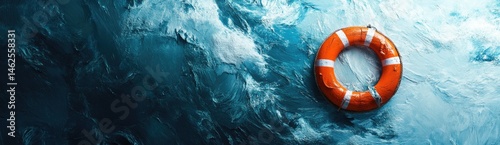 Striking Orange Lifebuoy Floating in Dynamic Teal Water Under Bright Exposure Featuring Splashing Bubbles Showcasing Safety and Marine Theme