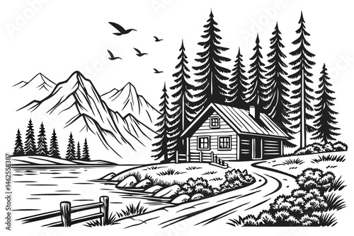 33 Black and white illustration, serene mountain landscape, lakeside scene, detailed pen drawing, cozy cabin, towering pine trees, majestic mountains, wooden dock, lush foliage, birds in flight, tranq