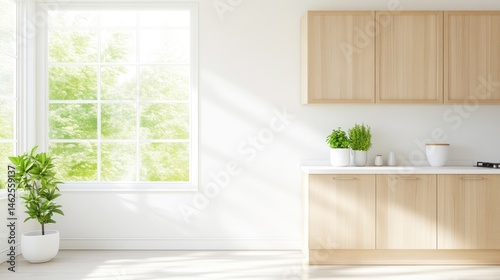 Bright Kitchen Minimalist Design, Light Wood Cabinets Plant, Soft Natural Lighting, Wide Angle, Clean Lines, Sunny Day Scene, Peaceful Atmosphere, White Walls, Serene Mood, Home Decor Inspiration