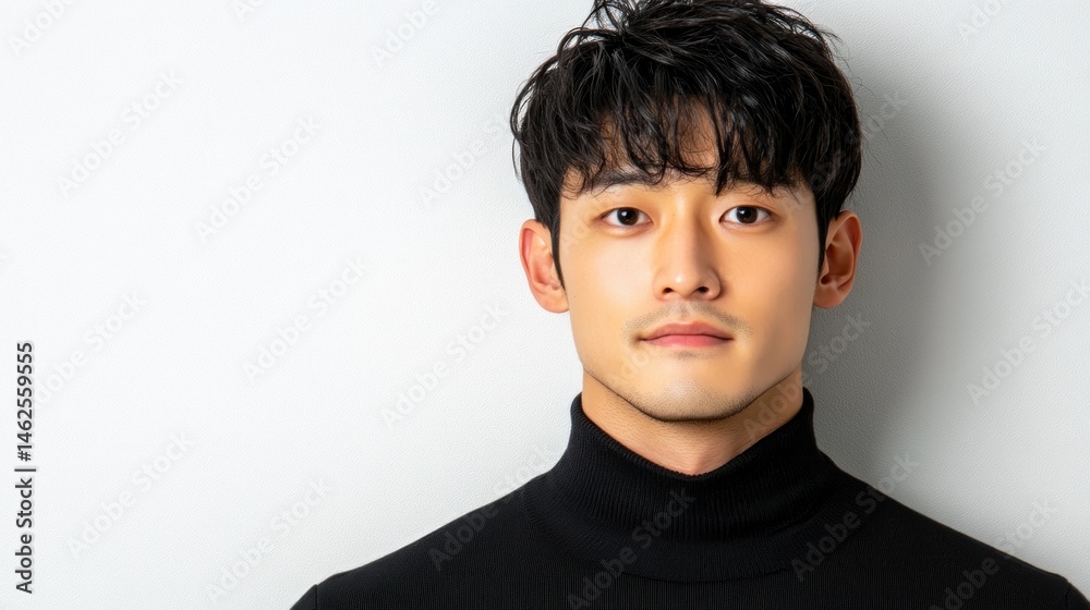 Fototapeta premium Close up portrait of a stylish young man in black turtleneck against white background