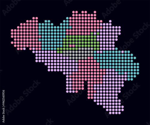 Belgium dotted map. Digital style map of the country on a dark background. Belgium shape with circle dots. Colored dots style. Large size circles. Plain vector illustration.