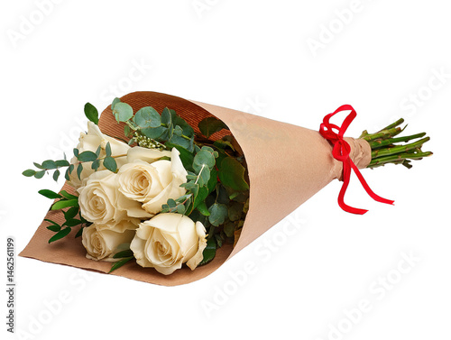 Creamy white roses wrapped in rustic kraft paper with vibrant greenery, tied elegantly with a red ribbon, offering understated sophistication and grace, isolated transparent background