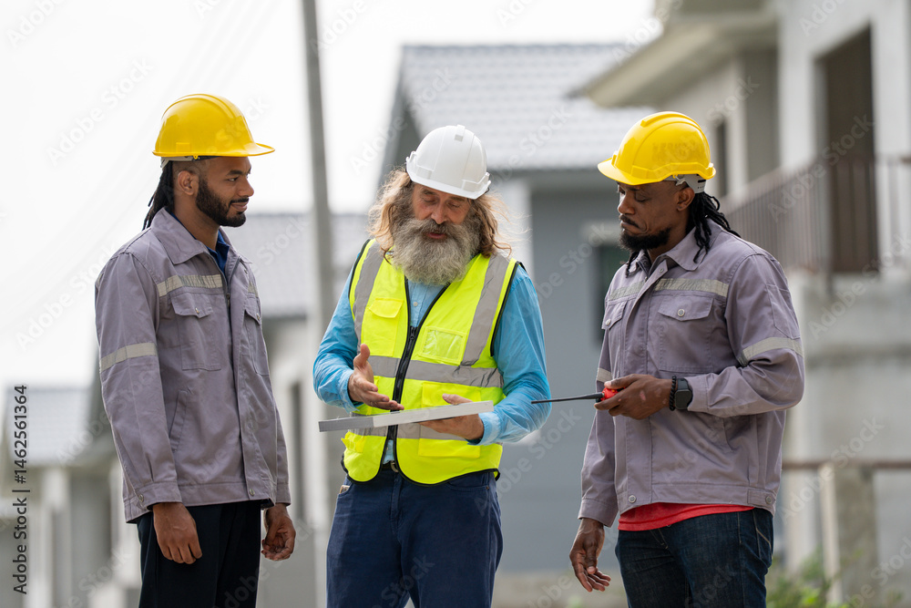 Structural engineer and worker working with blueprints discuss at the construction site. Engineers on building site. Two worker or labor and one engineer are reviewing the project. Architecture. Structural engineer and worker working with blueprints discuss at the construction site. Engineers on building site. Two worker or labor and one engineer are reviewing the project. Architecture.