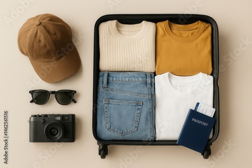 A flat lay of an open suitcase organized with folded clothes including a cream sweater, mustard t-shirt, white t-shirt, denim jeans. There are essential travel accessories like passport, sunglasses