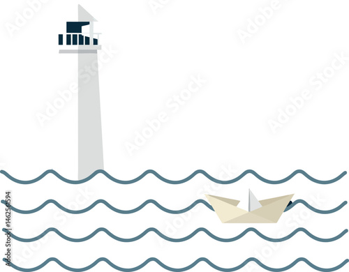 Lighthouse with paper boat sailing on wavy sea minimalist vector illustration 