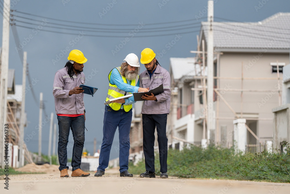Fototapeta premium Structural engineer and worker working with blueprints discuss at the construction site. Engineers on building site. Two worker or labor and one engineer are reviewing the project. Architecture.