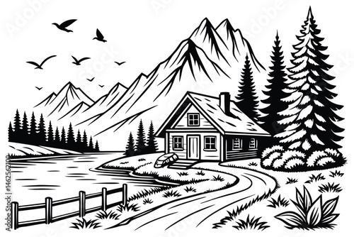 33 Black and white illustration, serene mountain landscape, lakeside scene, detailed pen drawing, cozy cabin, towering pine trees, majestic mountains, wooden dock, lush foliage, birds in flight, tranq