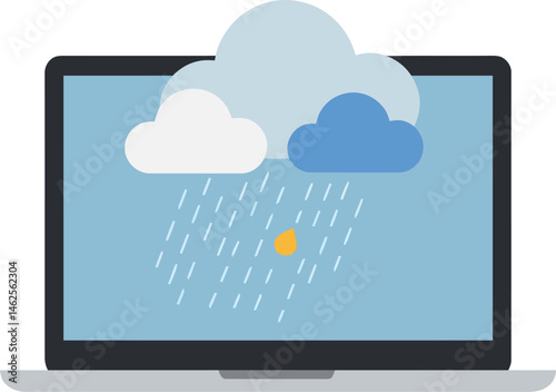 Laptop with cloud weather forecast showing rain and sun vector illustration 