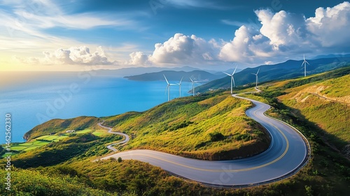 Scenic coastal road winding through green hills dotted with wind turbines, overlooking a serene ocean at sunset, showcasing the harmony of nature and renewable energy