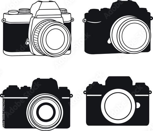 Vintage camera silhouette vector set black and white photography icons collection 