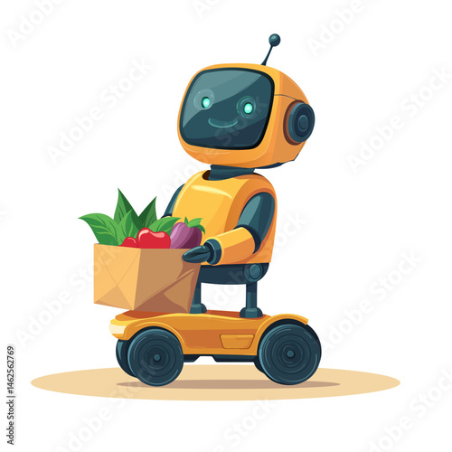 The robot delivers products in a box. Vector 3D illustration on a white background. The concept of robotic food delivery in the future. AI in cartoon style
