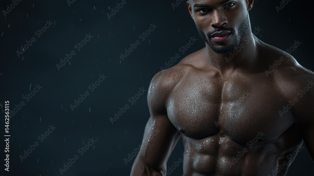 Obraz premium A man with a muscular chest and arms is standing in the rain