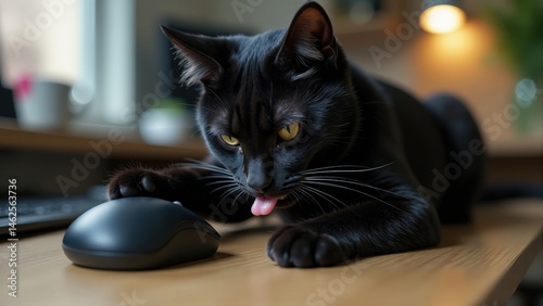Black Cat Plays With Computer Mouse