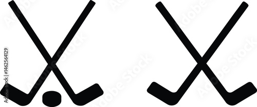 Photography Silhouette Icon Set of Crossed Hockey Sticks with Puck
