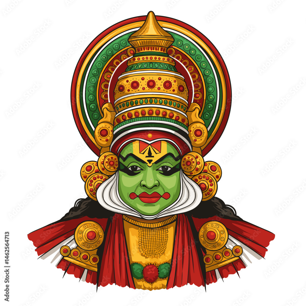 Fototapeta premium Kathakali mask, Traditional Indian Kathakali performer with expressive emotions and colorful attire on white background