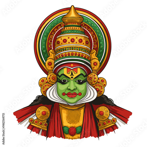  Kathakali mask,  Traditional Indian Kathakali performer with expressive emotions and colorful attire on white background