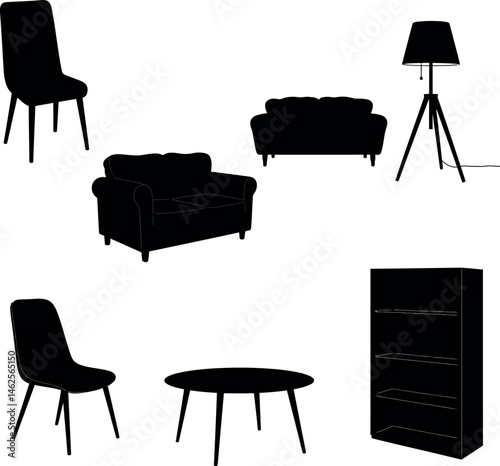 Modern furniture set with chairs sofa lamp table and shelf silhouettes vector illustration 