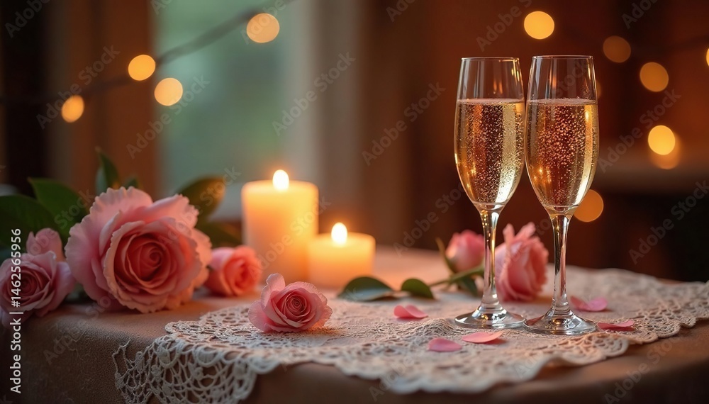 Fototapeta premium Vintage lace, candles, champagne glasses, romantic setting, lace details, vintage, elegant