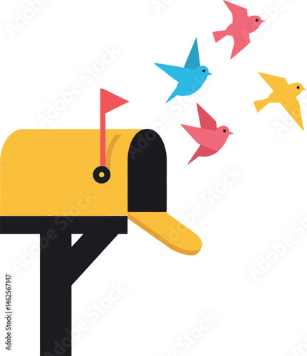 Yellow mailbox with colorful birds flying in simple flat vector style illustration 
