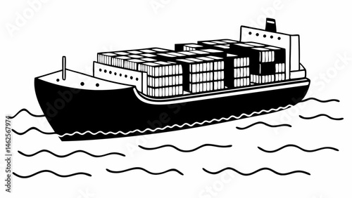 Illustration of a cargo ship loaded with containers sailing on the water in a black and white style created with generated ai