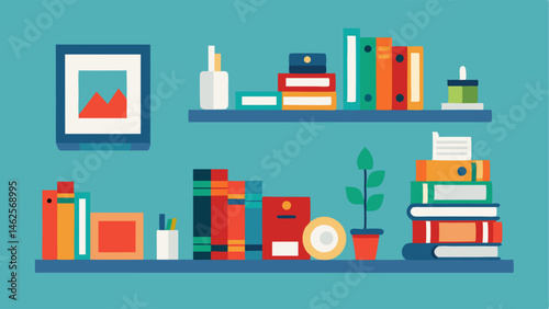 A wall of books and art displayed on floating shelves.