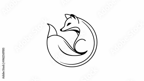 Stylized fox curled up in a circle line art drawing with a fluffy tail and pointy ears design vector created with generated ai