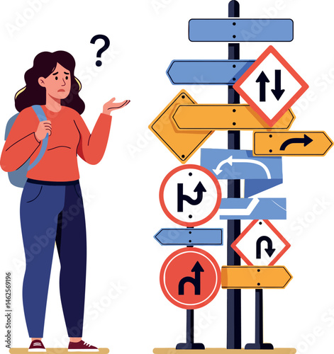 Confused woman standing near various traffic signs and blank road signs vector illustration 