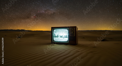 Vintage Television Broadcasting in Remote Desert Under Starry Night Sky. Watch TV at the end of everything