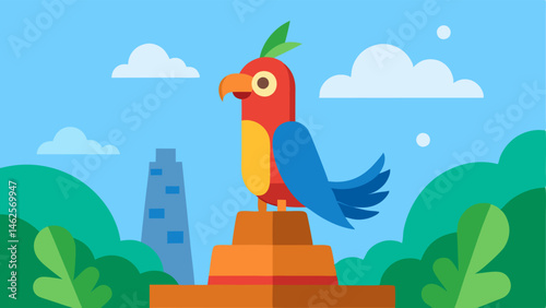 Parrot in Front of a Monument The parrot colorful with bright feathers stands confidently on a rock in front of a large stylized monument. It has one wing raised pointing to the