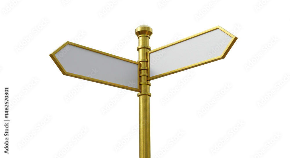 Isolated Directional Sign Post with Golden Pole and Blank White Signage Isolated Directional Sign Post with Golden Pole and Blank White Signage