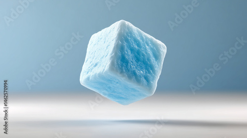 Hyper-Realistic Floating Blue Cube Surrounded by Digital Circuit Elements in a Minimalist Setting