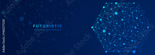Abstract blue futuristic background. Geometric lines and dots. Modern hexagon elements. Connection line pattern. Digital technology concept. Science style. Vector illustration