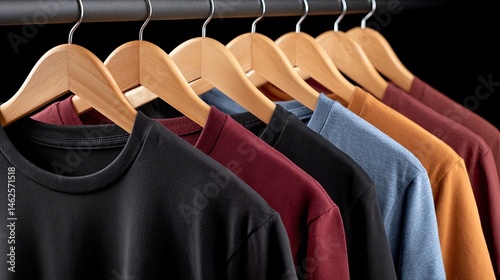 Plain t-shirts in black, red, orange, and blue are arranged neatly on wooden hangers, providing a stylish backdrop for branding or text