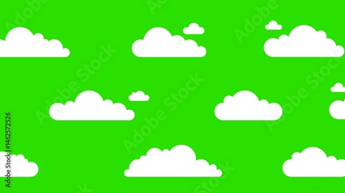 White clouds animation on green screen. Cartoon clouds moving from right to left. Moving white clouds with 4K resolution. Transparent background with alpha channel.
