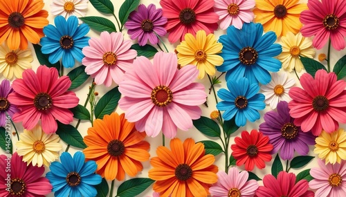 Bold blooms arranged in a square grid, creating a vibrant repeating pattern , bright, background, fabric