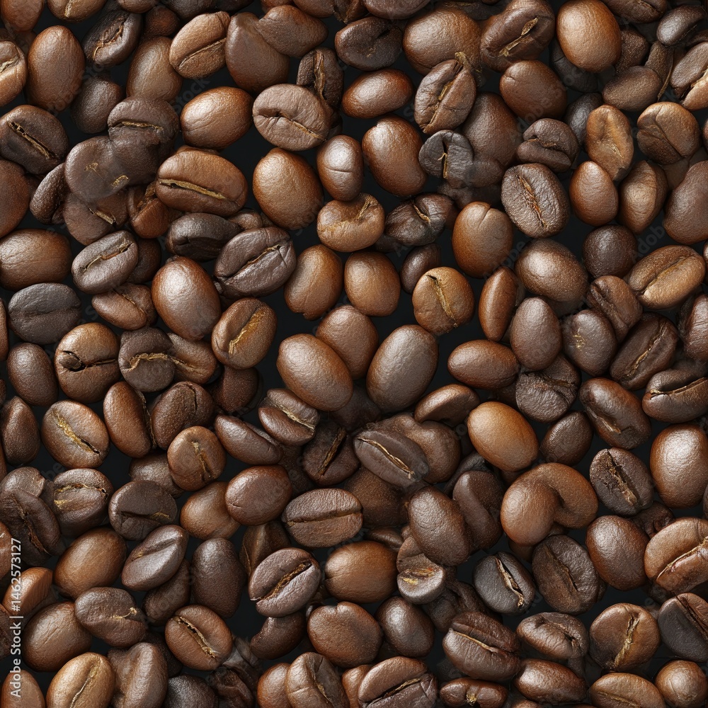 Close-up view highlights the rich textures and colors of dark roasted coffee beans against a dark backdrop, emphasizing their quality SEAMLESS PATTERN Close-up view highlights the rich textures and colors of dark roasted coffee beans against a dark backdrop, emphasizing their quality SEAMLESS PATTERN