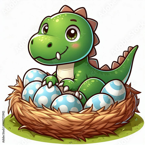 Cute cartoon dinosaur nestled in a nest of eggs.