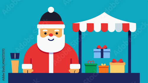 InStore Promotions Santa shopping at a vendor stall with a big banner overhead showcasing exciting Black Friday deals on various toys and trinkets.