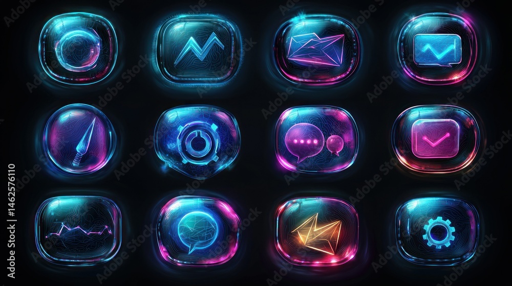 Futuristic glowing app icons in a glass bubble style Futuristic glowing app icons in a glass bubble style