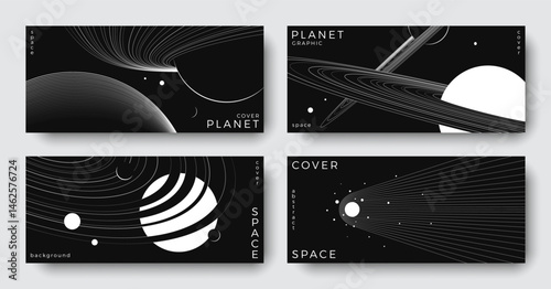 Set of abstract space astronomy horizontal backgrounds. Line art simple planet, meteorite. Black and white science future concept. Minimal design for print, cover, poster, banner, flyer, brochure, ads