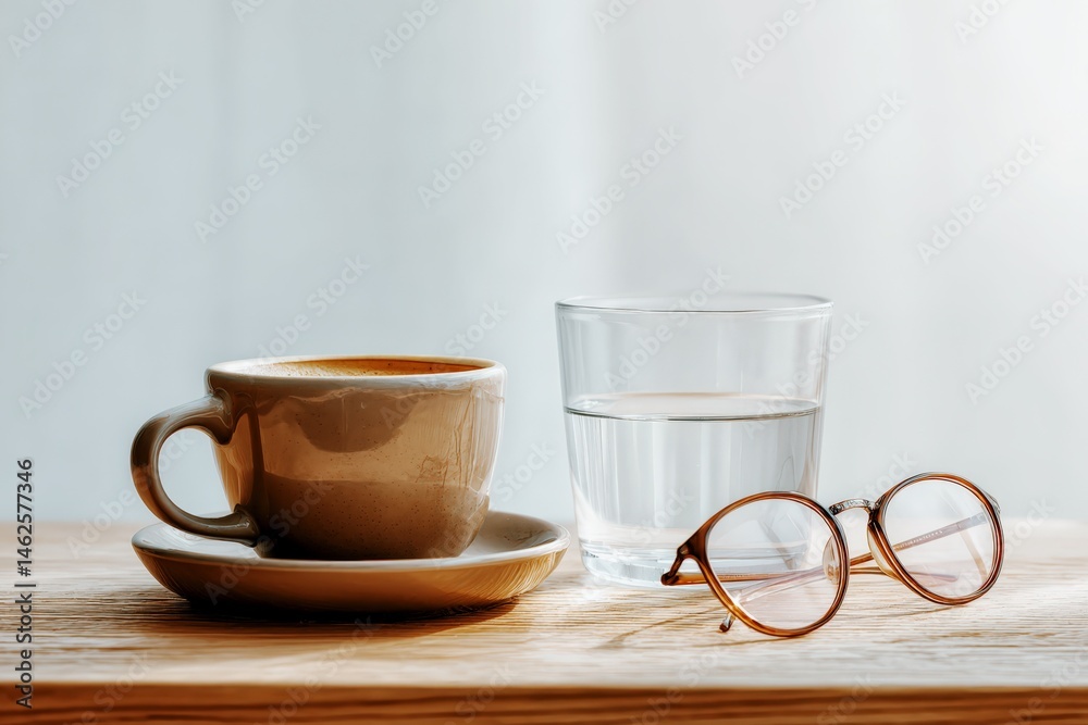 Cup of Coffee, Glass of Water and Eyeglasses on Wooden Table with Minimal Background