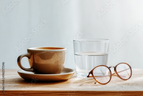Obraz na płótnie Cup of Coffee, Glass of Water and Eyeglasses on Wooden Table with Minimal Background w salonie