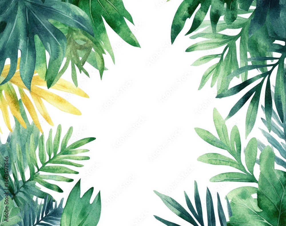 Tropical leaf border design. Lush green and yellow tropical leaves frame a white center Tropical leaf border design. Lush green and yellow tropical leaves frame a white center