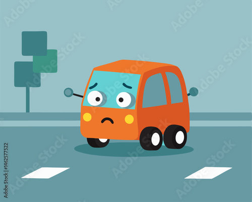 Expression of Frustration The car with square wheels is parked at an intersection with a perplexed expression on its windshield resembling eyes and a mouth. Nearby pedestrians also