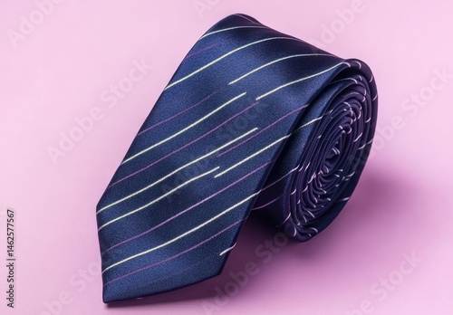 Rolled navy blue tie with subtle stripes.  A formal accessory, rolled neatly, showcasing a subtle striped pattern in a deep navy and pale purple