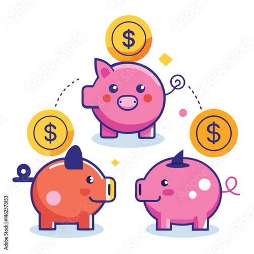 Three depictions of a piggy bank receiving a dollar coin white background.