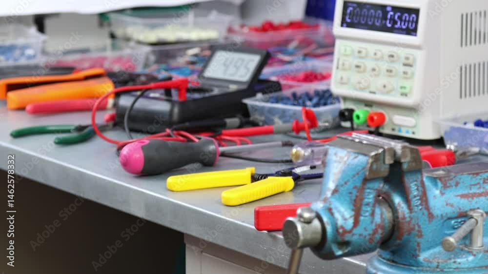 Electrical installation tools and materials for assembling an electrical switchboard at the electrician's workplace. 