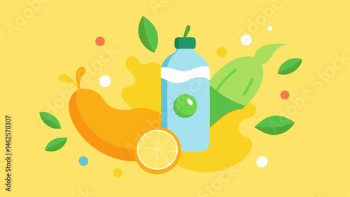 Hydration Reminder A water bottle graphic with a splash of water alongside fruits like lemon and cucumber emphasizing the importance of hydration.