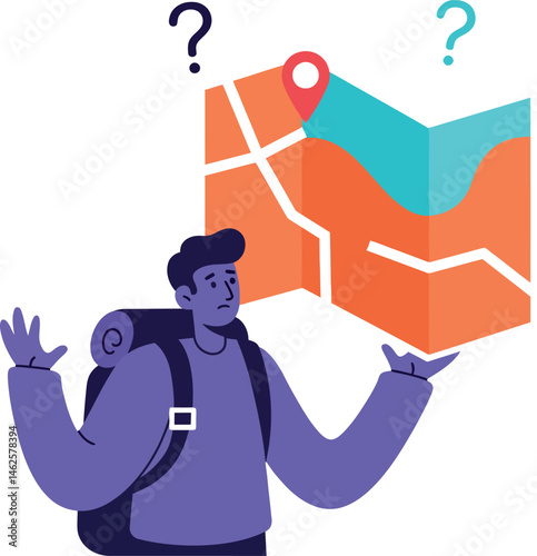 Confused traveler holding colorful map with location pin and question marks vector illustration 